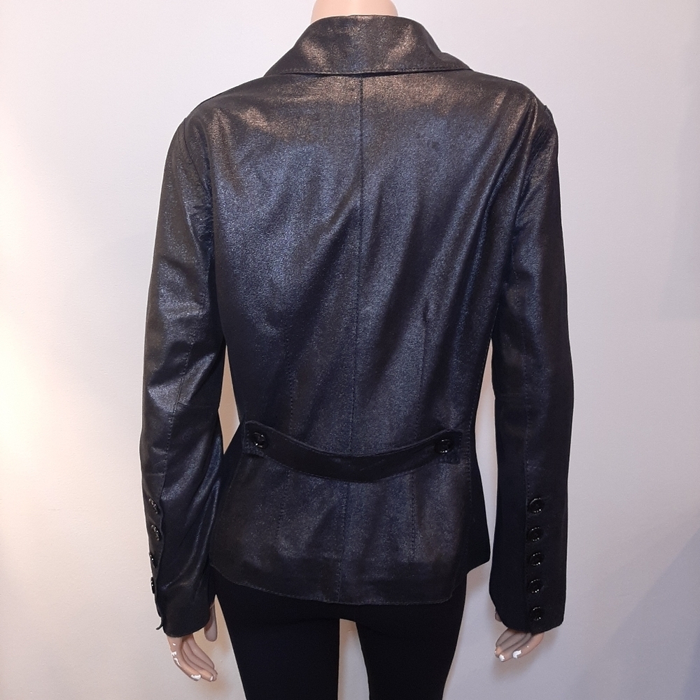 Anne Klein Coated Geniune Leather Jacket Moto Style Single Breasted Black Medium - Picture 9 of 15